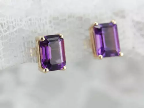 4Ct Emerald Cut Purple Amethyst Solitaire Stud Earrings 14K Yellow Gold Plated