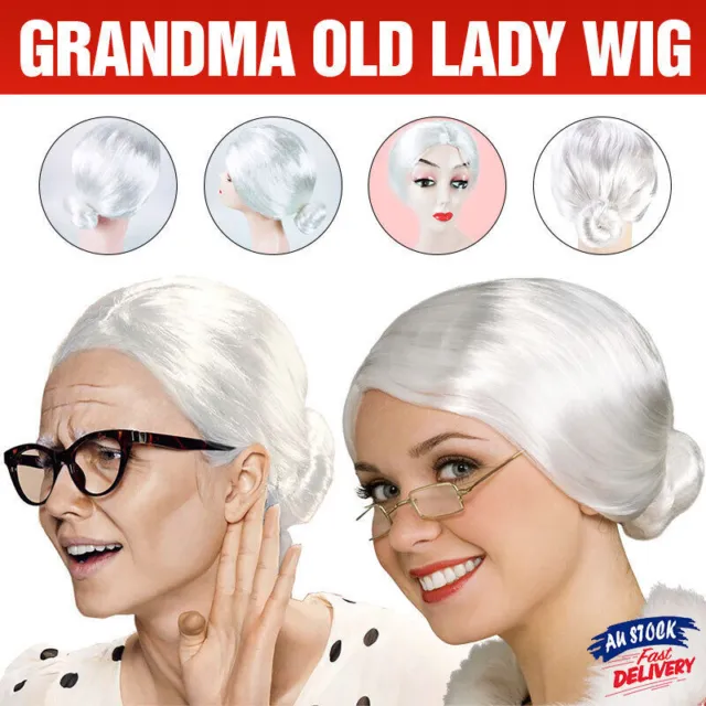 1X Grandma Wig Old Lady Woman White Granny Mother Dress Up Costume Part AU Stock