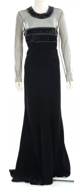 Carmen Marc Valvo Black Sheer Bejeweled Floor Length Evening Gown Size 12