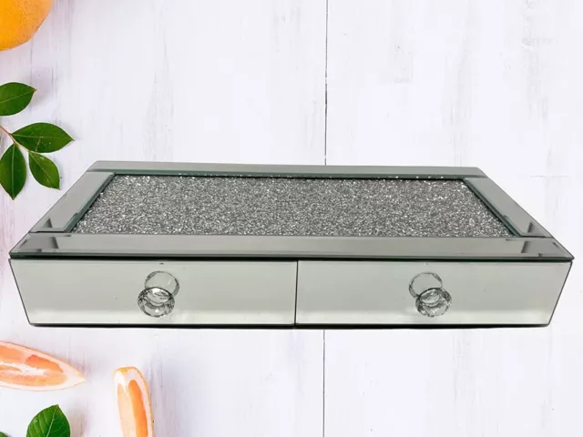 Organizador de caja de joyería espejado de cristal plateado de 2 cajones con diamantes brillantes triturados 3