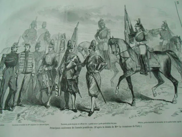 Gravure 1860 - Principaux uniformes de l'armée pontificale