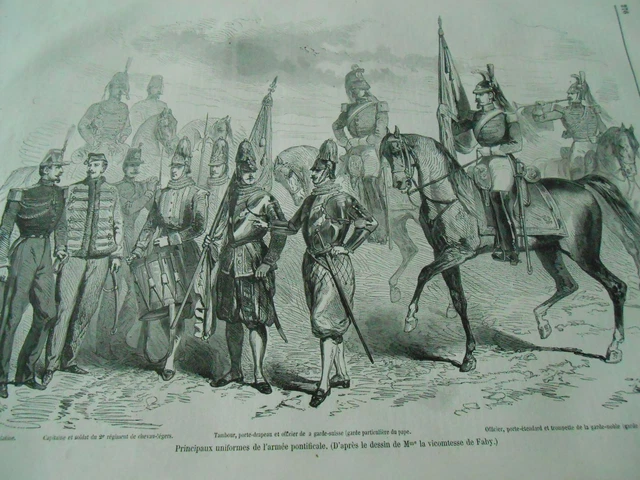 Gravure 1860 - Principaux uniformes de l'armée pontificale