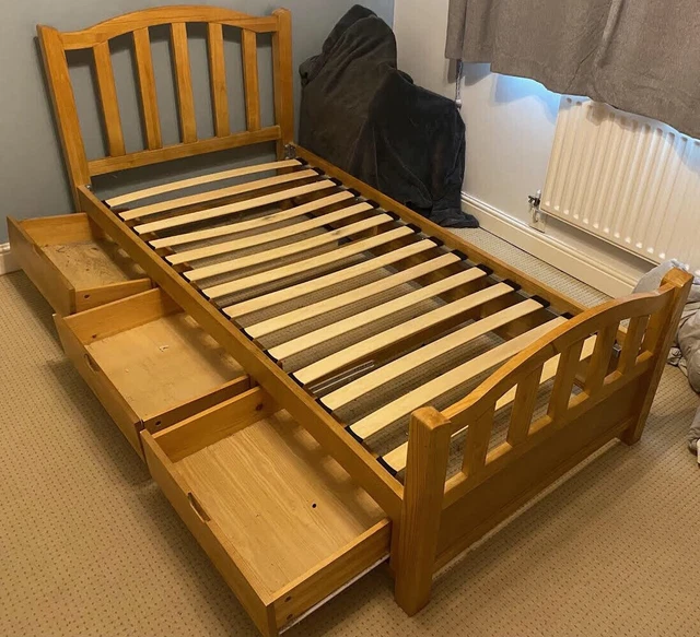 WOODEN SINGLE BED With Slats And 3 Drawers £50.00 PicClick UK