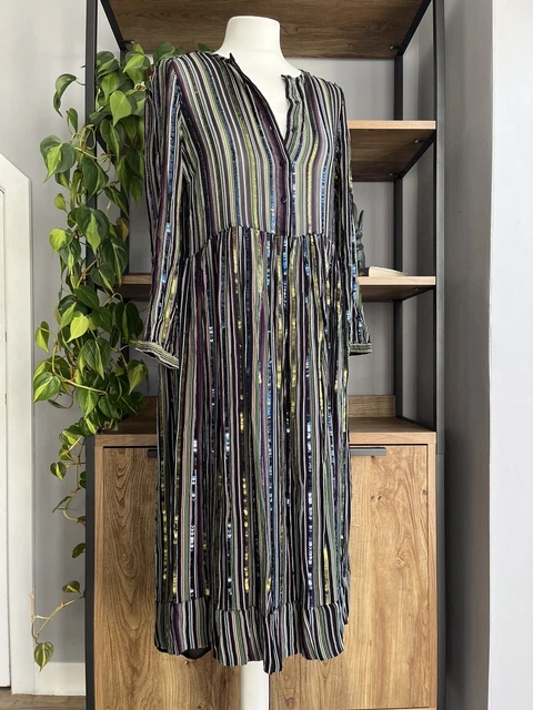 ZARA WOMAN SIZE M UK 10 Black Mix Striped Sequin Midi Dress New