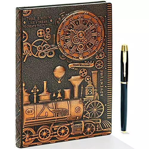 Vintage Train Embossed Leather Writing Journal Notebook with Pen Set Antique