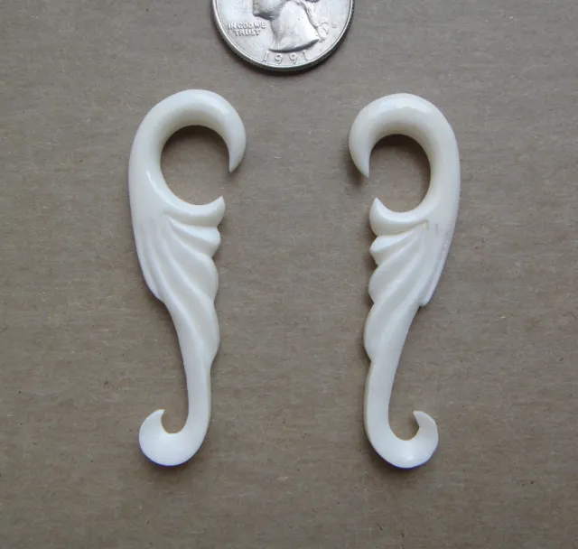 Pair Hand Carved TRIBAL Feather Wing BONE FLORAL SPIRALS TAPER EAR PLUGS GAUGES