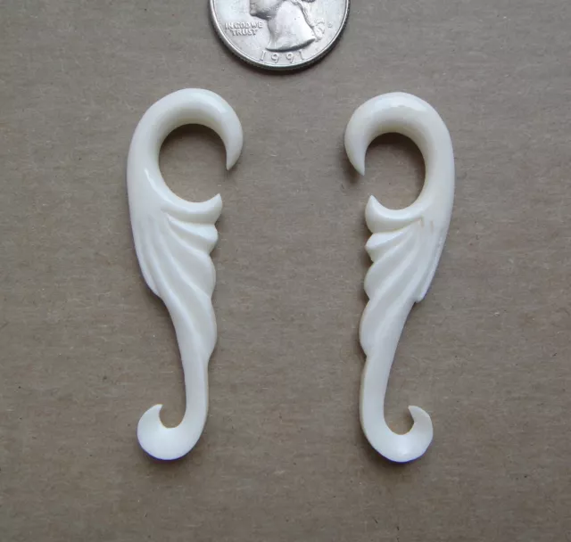 Pair Hand Carved TRIBAL Feather Wing BONE FLORAL SPIRALS TAPER EAR PLUGS GAUGES