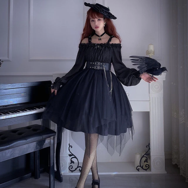 Robe Femme épaule Dénudée Style Lolita - Imprimé Floral, Manches Bouffantes - Taille Unique