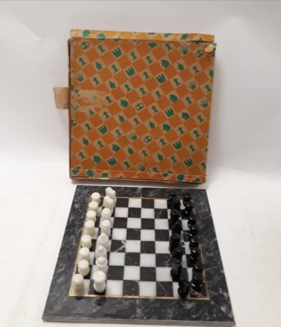 Vintage Marble Chess Set Black & White Classic Collectable Game- Damaged Board