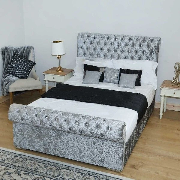 CHESTERFIELD SLEIGH BED Frame Crush Velvet all sizes Ottoman Storage