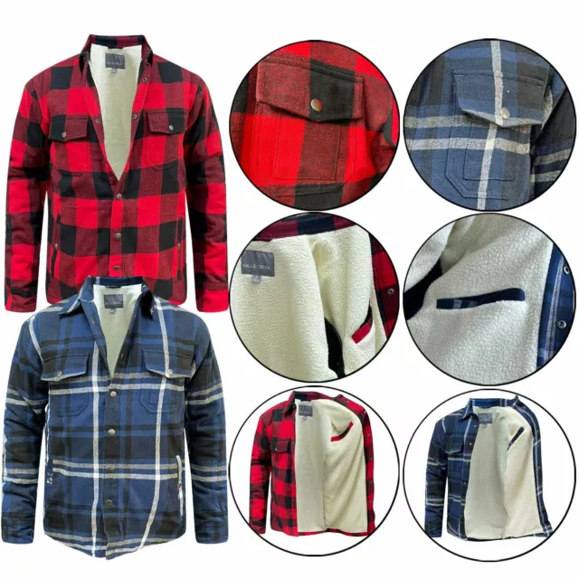 Mens Fleece Sherpa Fur Lined Padded Lumberjack Button Shirt Jacket Winter Warm