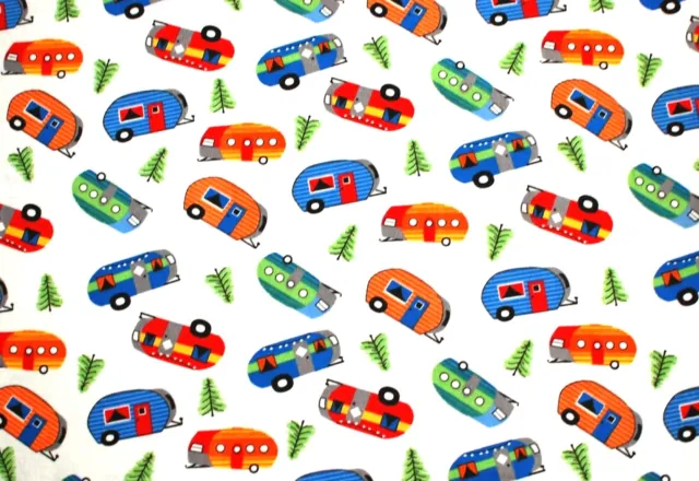 COLORED CAMPERS/TRAILERS*PINE TREES ON WHITE 100% COTTON FLANNEL FABRIC 42x36"