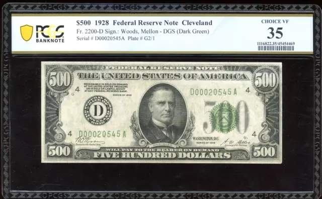 1928 $500 Federal Reserve Note Bill FRN FR-2200-D - PCGS VF 35 (Very Fine)
