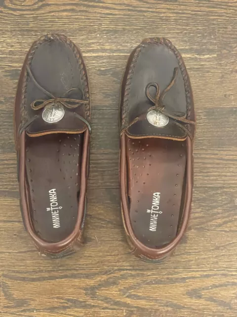 Mens Minnetonka Moccasins Slip On Brown Leather Driving Loafers Shoes Size 11 M