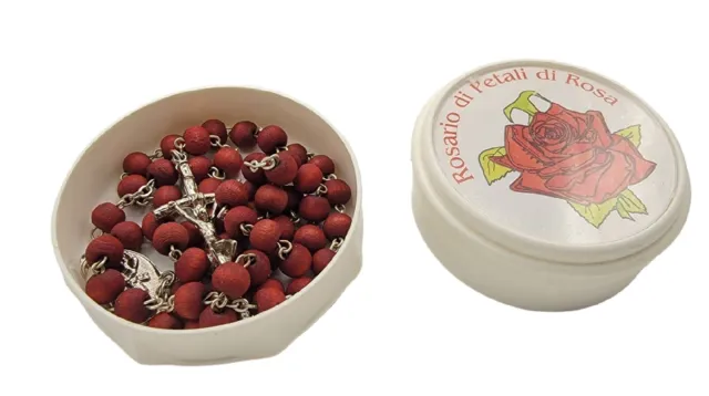 Red Wood & Silver Rosary Beads Case Rosario di Petali di Rosa  Pope Rose Scented