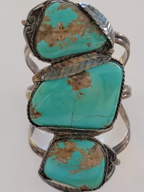 Old Pawn Vintage STERLING NAVAJO HUGE OLD OLD Slab Green Turquoise Bracelet