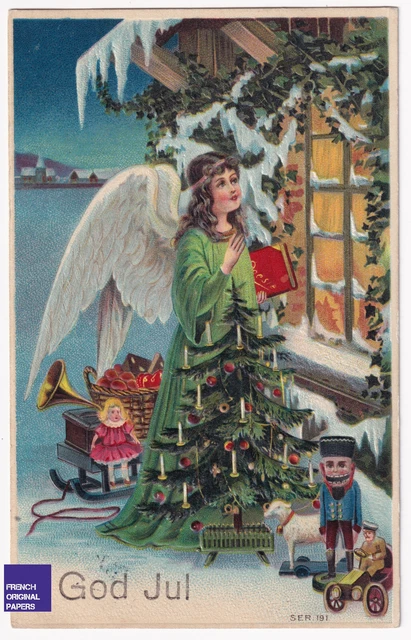 Joyeux Noël 1910 carte postale ancienne gaufrée fille ange sapin jouet poupée