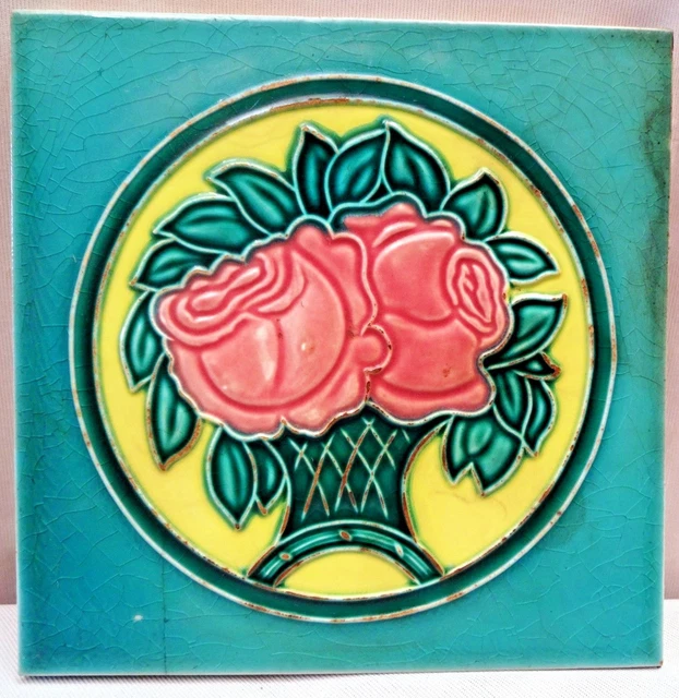 Antique Japan Tile Rose Tree Art Nouveau Ceramic Majolica Saji Architecture Old