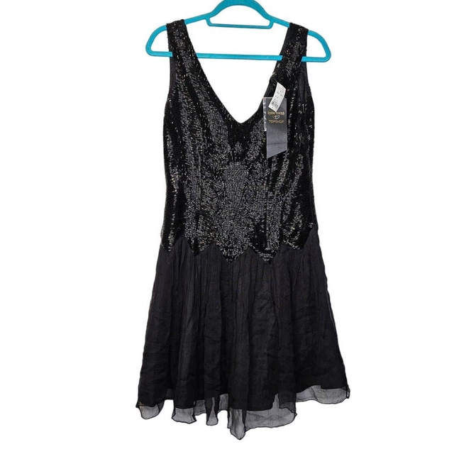 NEW KATE MOSS 10 Topshop Black Beaded Flapper Dress Formal Cocktail Goth Whimsy 77.00 PicClick