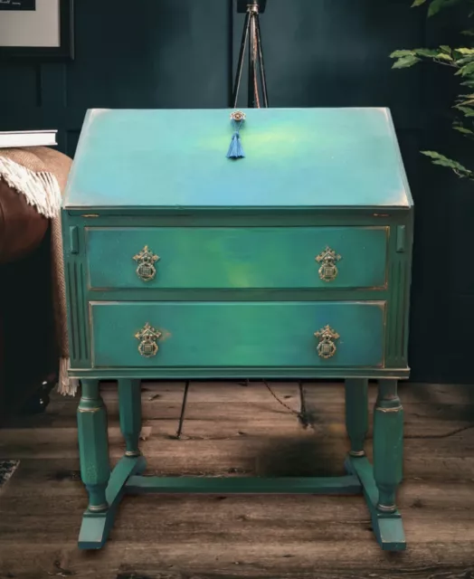 Stunning Vintage Emerald Green Bureau Writing Desk Hand Painted Upcycled... 3