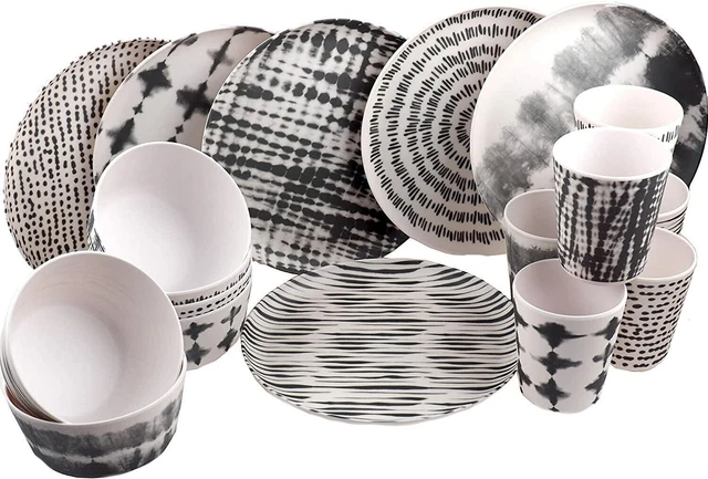 18Pc Melamine Dinner Set Plate Bowl Mug Picnic Camping Party Crockery Black Tie