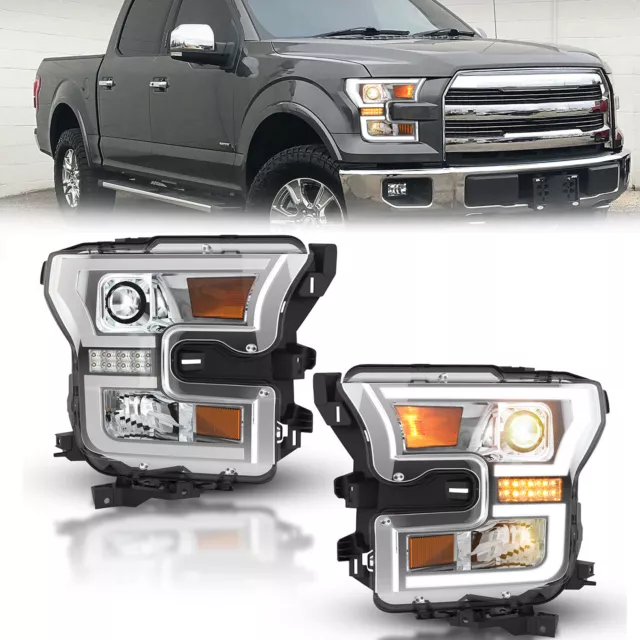 Pairs LED DRL Headlights Chrome Clear Front Lamps w/Bulb For Ford 2015-2017 F150