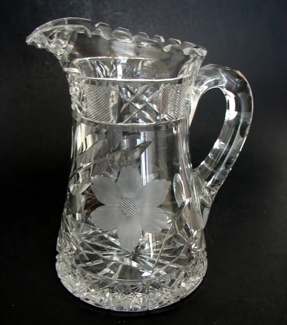 ABP McKee American Brilliant Cut Glass Crystal Pitcher Jug Floral Cuts 7 1/2"