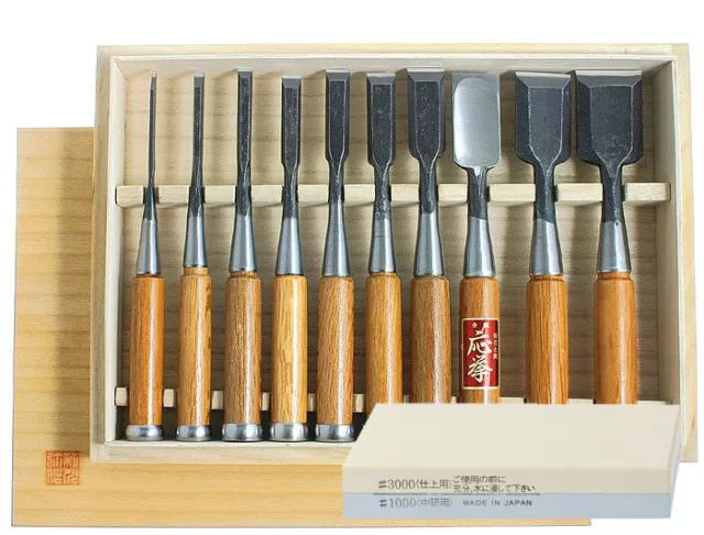 Japanese Hattori Carpenters Chisels 10pc Set in Wooden Box DT710016 FREE STONE