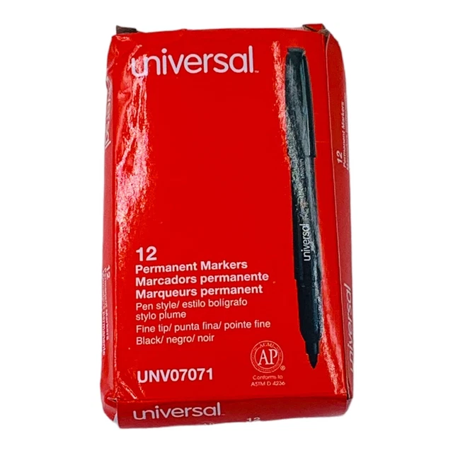 12 Black Permanent Markers Fine Tip Pen Style, UNV07071