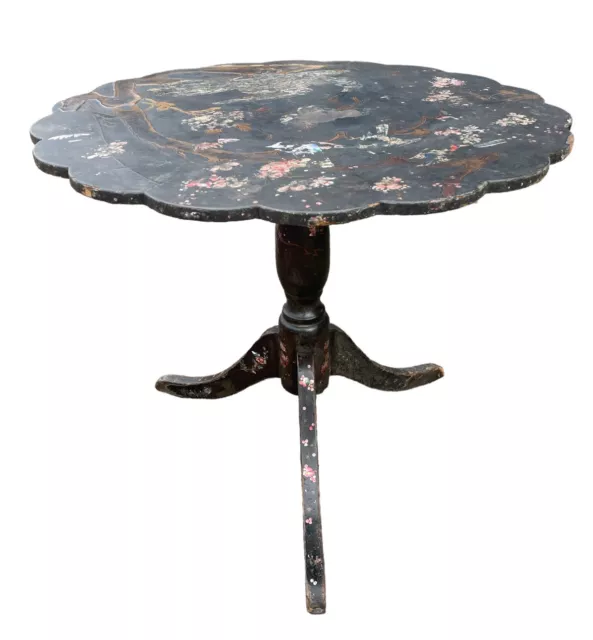 ANTIQUE EBONISED HAND PAINTED & MOTHER OF PEARL OCCASIONAL TABLE  19th CENTURY