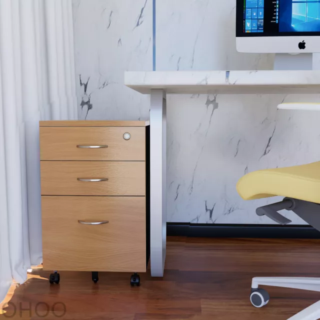 OHOO Wooden Mobile Drawers Lockable Pedestal Filing Cabinet Office Furniture