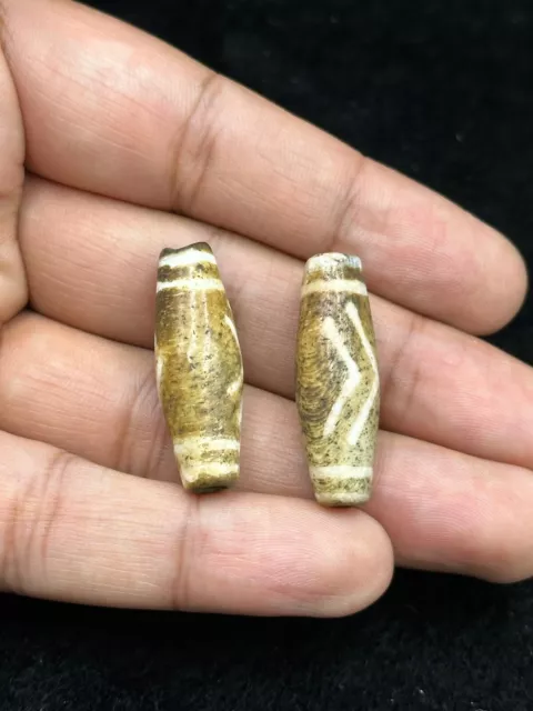 Amazing Antique 2 Pieces Pyu Culture Pumtek Beads From Burma With Good Pattern