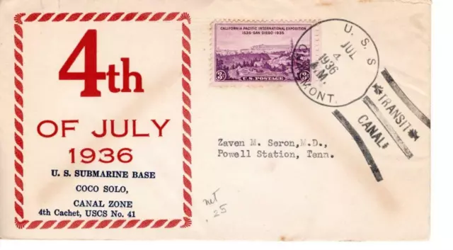 Naval cover, USS Chaumont, Canal Transit July 4th, USCS #41 cachet, 1936