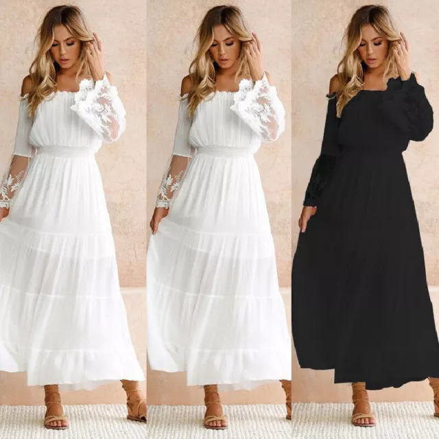 Long Holiday Bardot Maxi Dress Off Shoulder Crochet Lace Ladies Summer Women