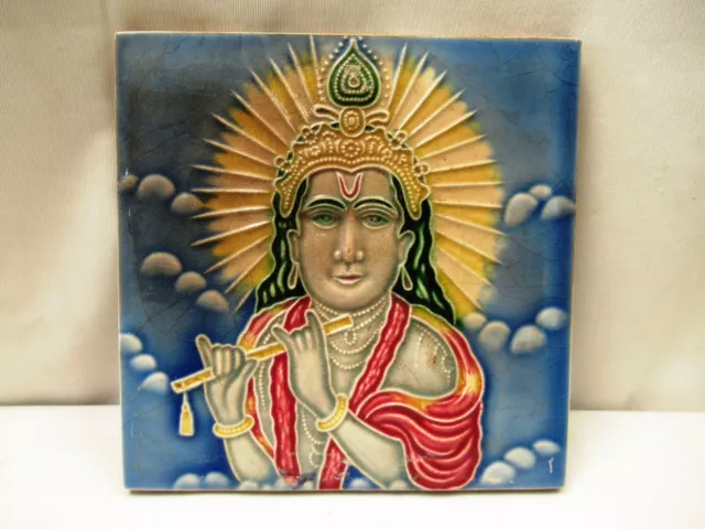 Antique Tile Art Nouveau Majolica Porcelain Hindu God Lord Krishna Japan Old"707