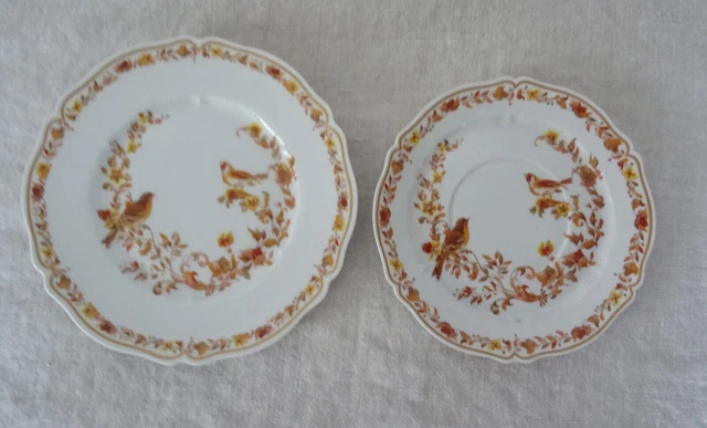 2 Assiettes  Haviland 700323 fleurs oiseaux orange brun Limoges