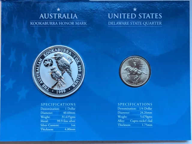 1999 Australia Honor Mark Kookaburra 1oz 99.9% Silver Delaware 25c Perth Mint