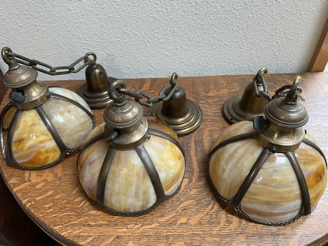 Set 3 - 1912 Arts Crafts Slag Hanging Lights Lamps Faries Brass Pendant Sconces