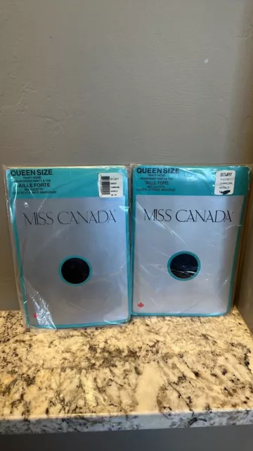 2 Vtg Miss Canada reinforced panty and toe pantyhose charcoal Queen 100% Nylon