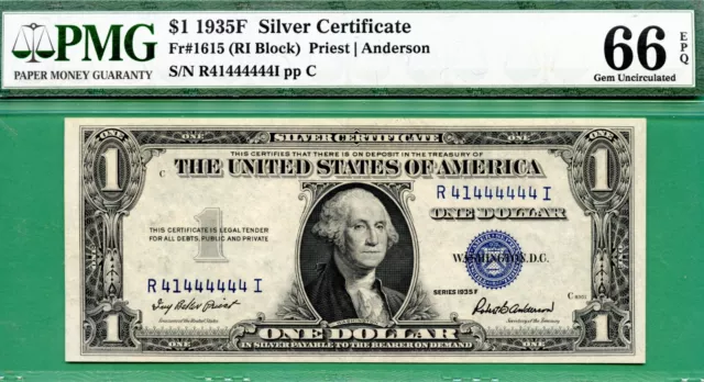 NEAR SOLID SERIAL R 41444444 I - 1935F $1 SC - PMG GEM 66 EPQ - Fr 1615