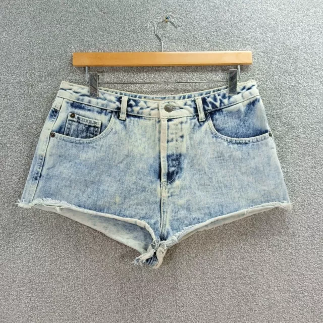 Pantaloncini In Denim Blu Lavaggio Acido Topshop Hotpants Vita Alta Orlo Grezzo Y2K Uk 14