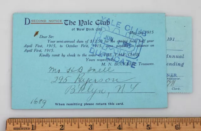 Vintage 1915 The Yale Club of New York City Dues Reminder and Receipt 2nd Notice