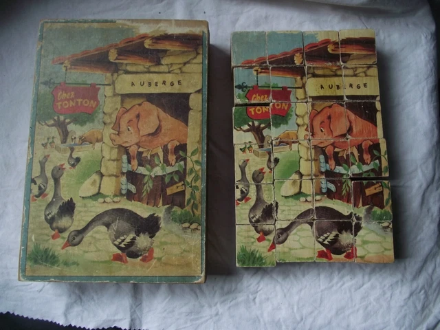 TRÈS ANCIEN BOITE jeu de 35 cubes bois 6 jolis scènes des années 30/50