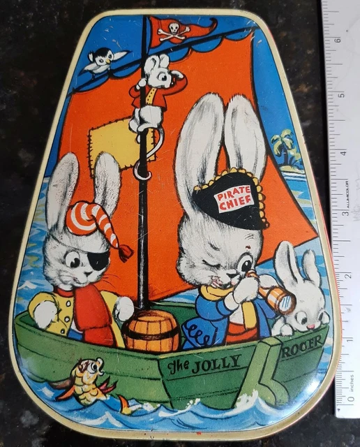 1950s George W Horner Candy Tin rabbits mouse Pirate Jolly Rodger Sailboat