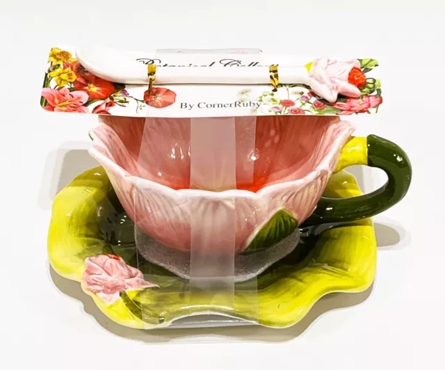 Corner Ruby Garden Collection Sunflower Tea Cup Leaf Saucer Butterfly Spoon