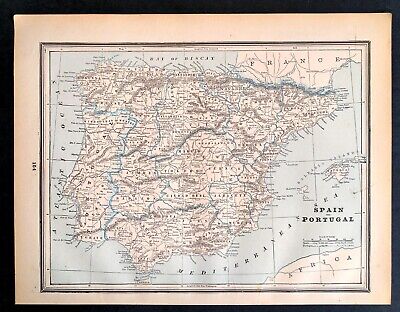 Atlas Map Spain Portugal 1893 Vintage Original Antique 2