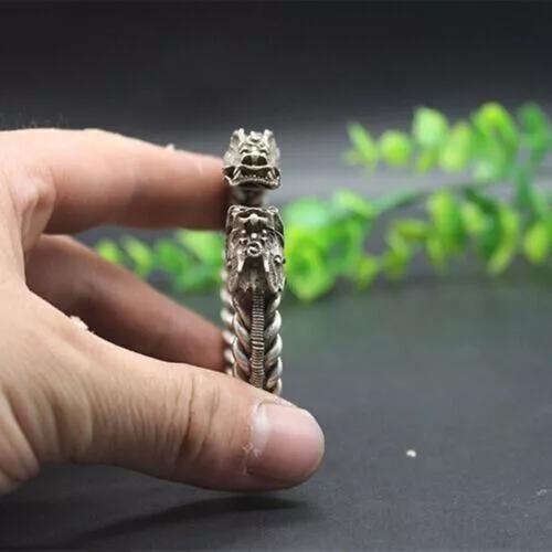 Collectable Old Chinese Tibet Silver handCarved Dragon head Bracelet 9023 2