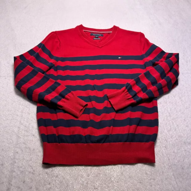 Tommy Hilfiger Sweater Mens Small S Red V Neck Long Sleeve Premium Cotton Knit