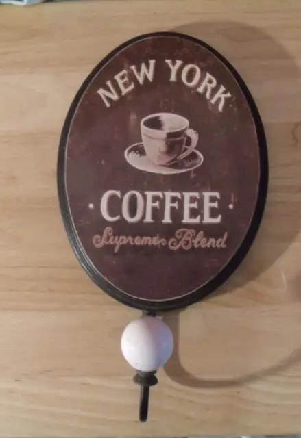 New York Coffee Oval Wood Plaque Sign ~ Metal Hook Hang Purse Coat, Ceramic Knob