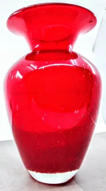 Murano Style Hand Blown Red Ruby Crystalline Art Glass Vase Bubbles  8.5" Tall